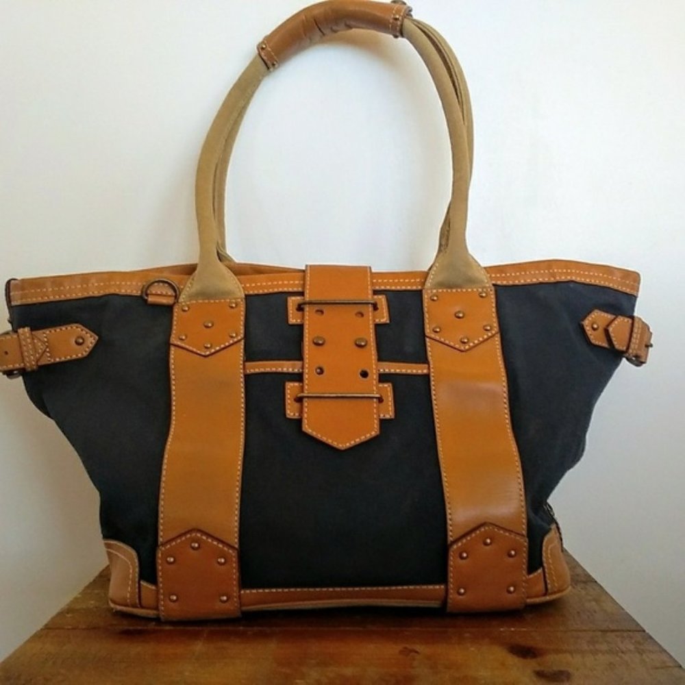 Navy blue J Crew navy canvas & leather tote bag